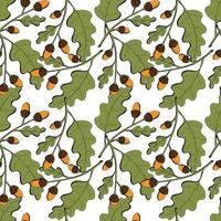 Autumn pattern of oak acorns, branch with leaves and acorn nuts, hand drawing doodling, orange and gray color, on a white background. Vector