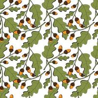 Autumn pattern of oak acorns, branch with leaves and acorn nuts, hand drawing doodling, orange and gray color, on a white background. Vector