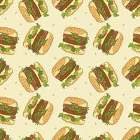 Burger hamburger pattern, doodle color hand-drawn contour drawing. Vector illustration