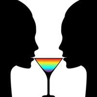 Lesbian LGBT girls drink cocktail, martini, one glass for two, touching the lips to the glass, love, face silhouette, LGBT color. For backdrop, background, banner, postcard, flyer. Vector