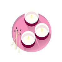 Romantic candles with matches . Erotic, love, Valentines Day, wedding, Spa relaxation, aromatization, body care and yoga meditation. Balance and harmony. Candle flame. Vector illustration