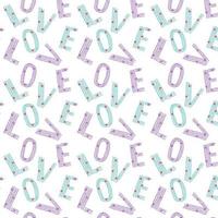 Seamless abstract pattern with letters LOVE, hearts, hand drawing, blue and lilac color, white background. Vector
