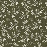 Olives branch with fruits and leaves Seamless pattern, imprint, stamp, sketch. Vector