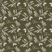 Olives branch with fruits and leaves Seamless pattern, imprint, stamp, sketch. Vector