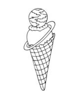 Ice cream doodling in waffle cone, planet Saturn, handmade black outline drawing doodling, isolated, white background. Vector