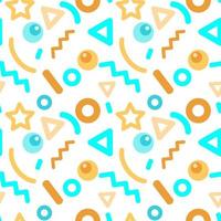 Colorful bright pattern with abstract shapes on a white background, Memphis style, circles, triangles, stars, sticks, ball. Backgrounds. Vector