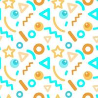 Colorful bright pattern with abstract shapes on a white background, Memphis style, circles, triangles, stars, sticks, ball. Backgrounds. Vector