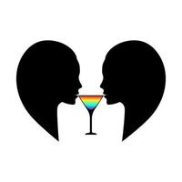 LGBT girls drink cocktail, martini, heart, one glass for two, touching the lips to the glass, love, face silhouette. For backdrop, background, banner, postcard, flyer. vector