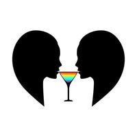 Las chicas lgbt beben cóctel, martini, corazón, una copa para dos, tocando los labios con la copa, amor, silueta facial. para telón de fondo, fondo, pancarta, postal, volante. vector