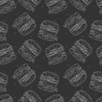 Burger hamburger patterns white and black hand drawn contour drawing. Vector
