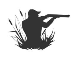 silueta de cazador de patos, matorrales de juncos, icono, logotipo, etiqueta, aislado en fondo blanco. vector