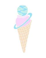 Ice cream, no contour colored in a waffle cone, pink blue yellow color, planet Saturn, doodle, isolated, white background. Vector