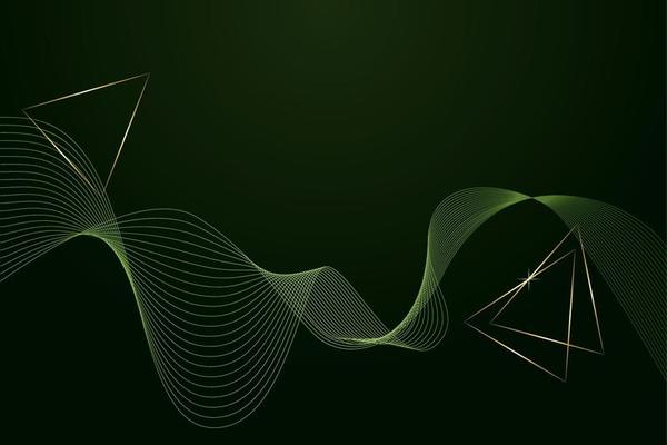 Background green dark abstract 3D digital with linear transition, technology, futurism, wave, triangles. Banner, backdrop, template.