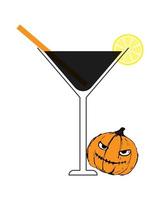 Black lemonade, Martini halloween holiday with lemon and pumpkin. Pumpkin handmade author drawing, element for your design, isolated, white background. Vector