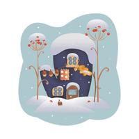 Hello WINTER Home mitten with windows, under the snow, snowflakes, acorns, berries, oak leaf, nuts. Winter fairy tale, postcard, backdrop, background, children's illustration. Vector illustration