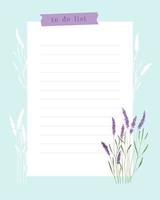 lista de tareas, planificador para tomar notas, acuarela de lavanda de bruja de collage. campo rayado para notas, ideas, planes, lista de tareas pendientes, recordatorios. vector