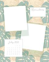 July 2022 calendar Reminders collage vintage scrapbooking on monstera leaves pattern background. vector