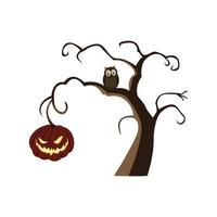 Halloween horrible pumpkin hanging on a gnarled tree branch, owl, eagle owl. Isolated, white background. For design. Vector