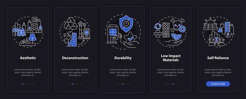 pantalla de aplicación móvil de incorporación de modo nocturno de diseño de ciudad sostenible. recorrido urbano 5 pasos páginas de instrucciones gráficas con conceptos lineales. interfaz de usuario, ux, plantilla de interfaz gráfica de usuario. vector