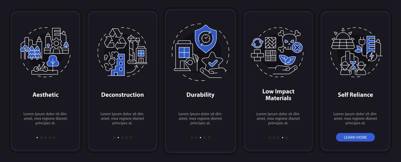 Sustainable city design night mode onboarding mobile app screen. Urban walkthrough 5 steps graphic instructions pages with linear concepts. UI, UX, GUI template.