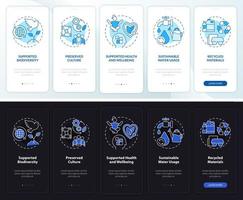 Circular economy pillars night and day mode onboarding mobile app screen. Walkthrough 5 steps graphic instructions pages with linear concepts. UI, UX, GUI template.
