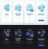 Circular economy hitches night and day mode onboarding mobile app screen. Walkthrough 4 steps graphic instructions pages with linear concepts. UI, UX, GUI template.