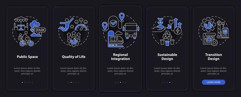 Principles of urban design night mode onboarding mobile app screen. Life walkthrough 5 steps graphic instructions pages with linear concepts. UI, UX, GUI template.