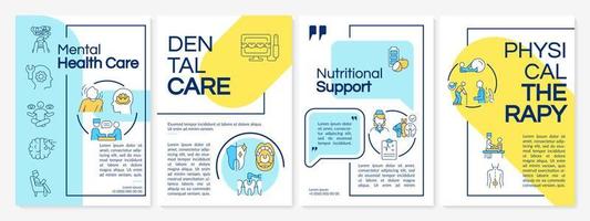 Medical services blue and yellow brochure template. Patients care. Leaflet design with linear icons. 4 vector layouts for presentation, annual reports.