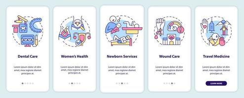 Healthcare services onboarding mobile app screen. Patient care walkthrough 5 steps graphic instructions pages with linear concepts. UI, UX, GUI template.