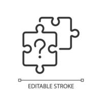 Unsolved puzzle linear icon. Jigsaw pieces and question mark. Difficult task solution. Thin line illustration. Contour symbol. Vector outline drawing. Editable stroke.