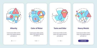 indicadores de calidad del agua incorporados en la pantalla de la aplicación móvil. tutorial de color y gusto en 4 pasos, páginas de instrucciones gráficas con conceptos lineales. interfaz de usuario, ux, plantilla de interfaz gráfica de usuario. vector