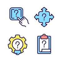 Questions and answers in technical support RGB color icons set. Access to digital data storage. Isolated vector illustrations. Simple filled line drawings collection. Editable stroke