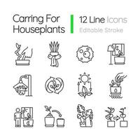 Caring for houseplants linear icons set. Potted plants growing. Correct watering and light. Houseplant care. Customizable thin line symbols. Isolated vector outline illustrations. Editable stroke