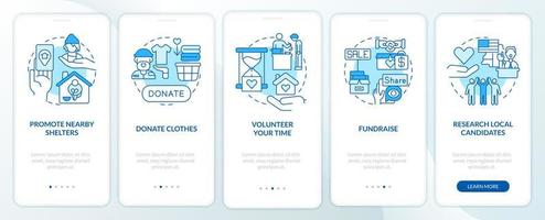 Homelessness assistance blue onboarding mobile app screen. Volunteering walkthrough 5 steps graphic instructions pages with linear concepts. UI, UX, GUI template. vector