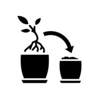 Plant repotting black glyph icon. Replant in bigger pot. Seasonal transplantation. Houseplant care. Growing seedle. Silhouette symbol on white space. Solid pictogram. Vector isolated illustration