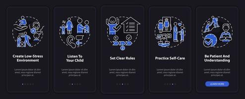 Conduct disorder tip for parents night mode onboarding mobile app screen. Walkthrough 5 steps graphic instructions pages with linear concepts. UI, UX, GUI template. vector