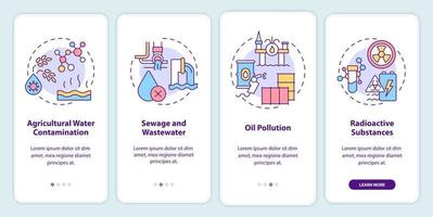 Types of water contamination onboarding mobile app screen. Oil pollution walkthrough 4 steps graphic instructions pages with linear concepts. UI, UX, GUI template. vector