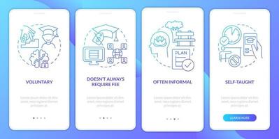 Lifelong learning features blue gradient onboarding mobile app screen. Walkthrough 4 steps graphic instructions pages with linear concepts. UI, UX, GUI template. vector