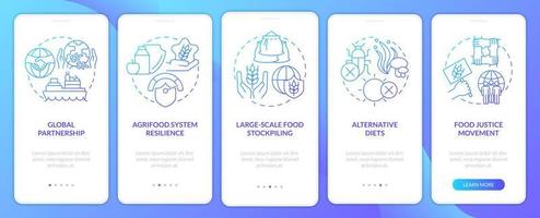 Food security approaches blue gradient onboarding mobile app screen. Walkthrough 5 steps graphic instructions pages with linear concepts. UI, UX, GUI template. vector