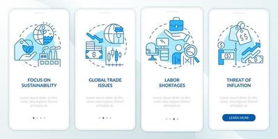 Macro economy trends blue onboarding mobile app screen. Commerce walkthrough 4 steps graphic instructions pages with linear concepts. UI, UX, GUI template. vector