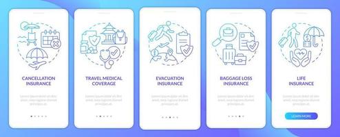 Travel insurance blue gradient onboarding mobile app screen. Coverage walkthrough 5 steps graphic instructions pages with linear concepts. UI, UX, GUI template. vector