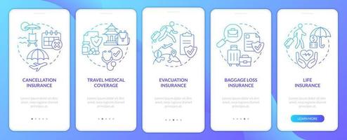 pantalla de aplicación móvil de incorporación de degradado azul de seguro de viaje. tutorial de cobertura 5 pasos páginas de instrucciones gráficas con conceptos lineales. interfaz de usuario, ux, plantilla de interfaz gráfica de usuario. vector