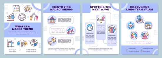 Macro trends purple brochure template. Innovations and growth. Leaflet design with linear icons. 4 vector layouts for presentation, annual reports.