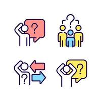 Asking and answering on questions RGB color icons set. Sharing information. Social communication. Isolated vector illustrations. Simple filled line drawings collection. Editable stroke