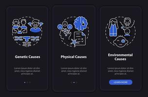 Conduct disorder causes night mode onboarding mobile app screen. Walkthrough 3 steps graphic instructions pages with linear concepts. UI, UX, GUI template. vector