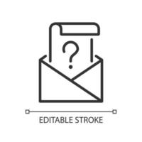 Mail question linear icon. Envelope and letter with question mark. Issue solution way. Thin line illustration. Contour symbol. Vector outline drawing. Editable stroke.