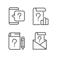 Questions in business and education linear icons set. Information support service. Commercial data. Customizable thin line symbols. Isolated vector outline illustrations. Editable stroke