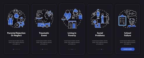 Conduct disorder risk factors night mode onboarding mobile app screen. Walkthrough 5 steps graphic instructions pages with linear concepts. UI, UX, GUI template. vector