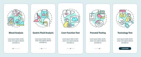 pantalla de aplicación móvil de incorporación de servicios de diagnóstico. Páginas de instrucciones gráficas de 5 pasos para el cuidado de la salud con conceptos lineales. interfaz de usuario, ux, plantilla de interfaz gráfica de usuario. vector