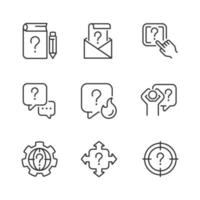 Necessary information service linear icons set. Answers on users questions. Finding solution. Customizable thin line symbols. Isolated vector outline illustrations. Editable stroke